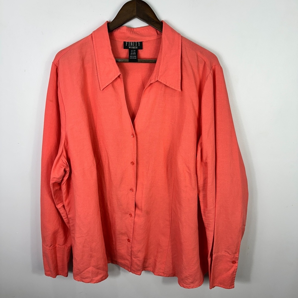 Finity Women Linen Blend Blouse 22/24 Coral Button Up Shirt Coastal Grandma Chic